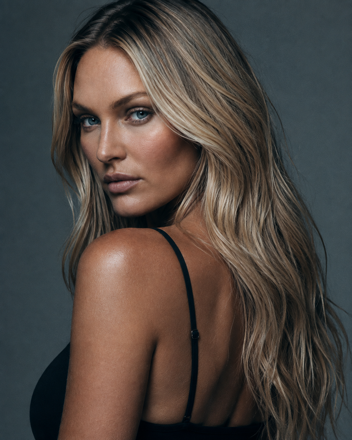 Haylie Ferguson looking over her shoulder in a black slip dress, editorial photograph of the musician