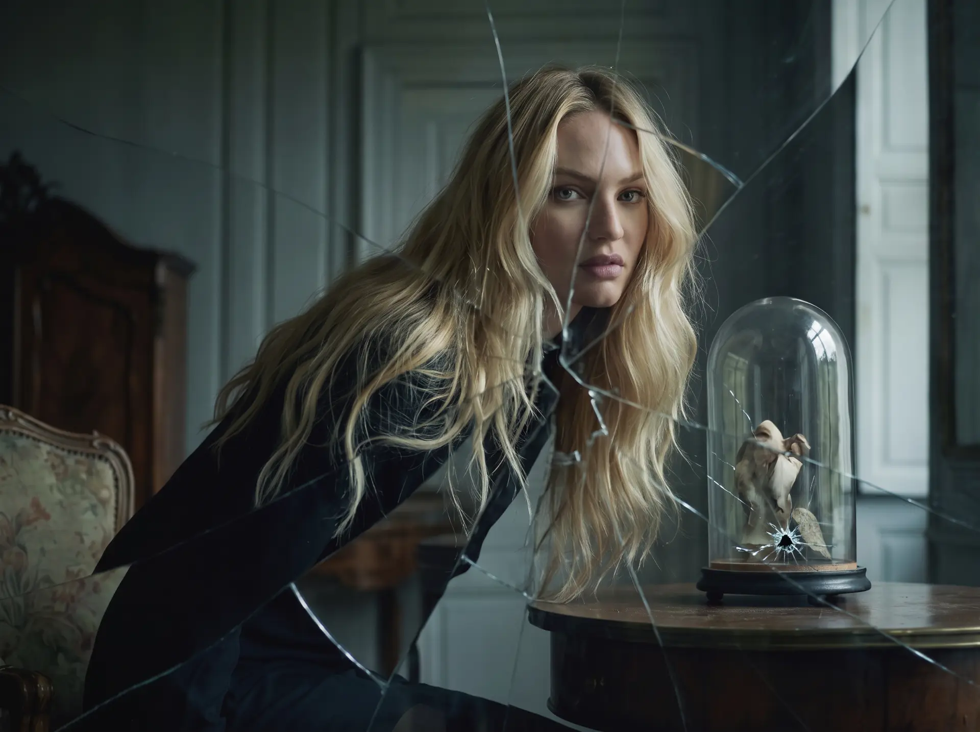 Haylie Ferguson at a table in a pale apartment, seen through broken glass, beside a specimen dome