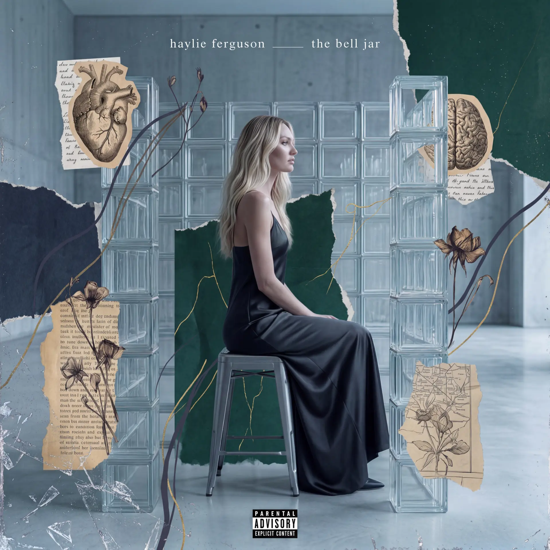 Haylie Ferguson in a long black silk dress seated on a stool between glass block walls, collage with anatomical illustrations, dried flowers and torn paper