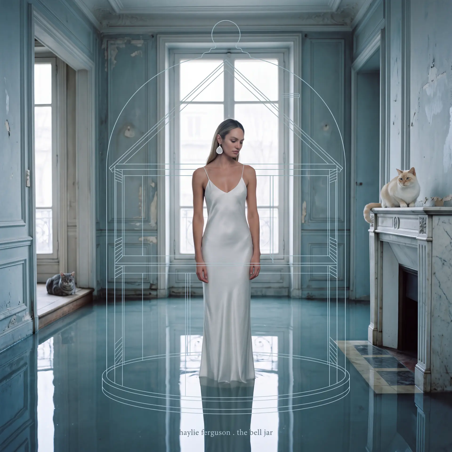 Haylie Ferguson in a white silk gown standing in a flooded pale blue salon, a bell jar drawn in fine white line around her, two cats watching
