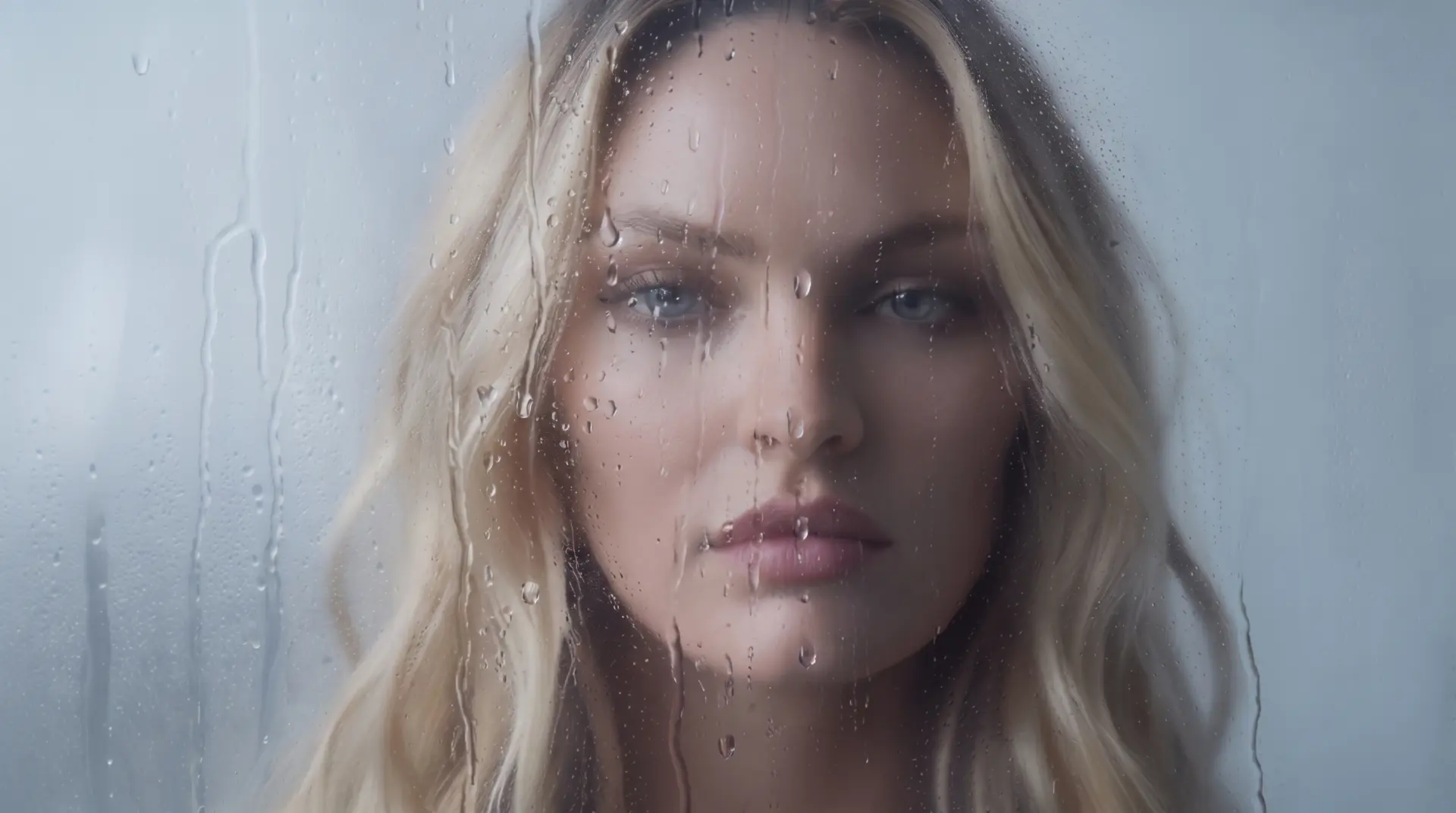 Haylie Ferguson's face pressed close behind a pane of glass covered in condensation and running water
