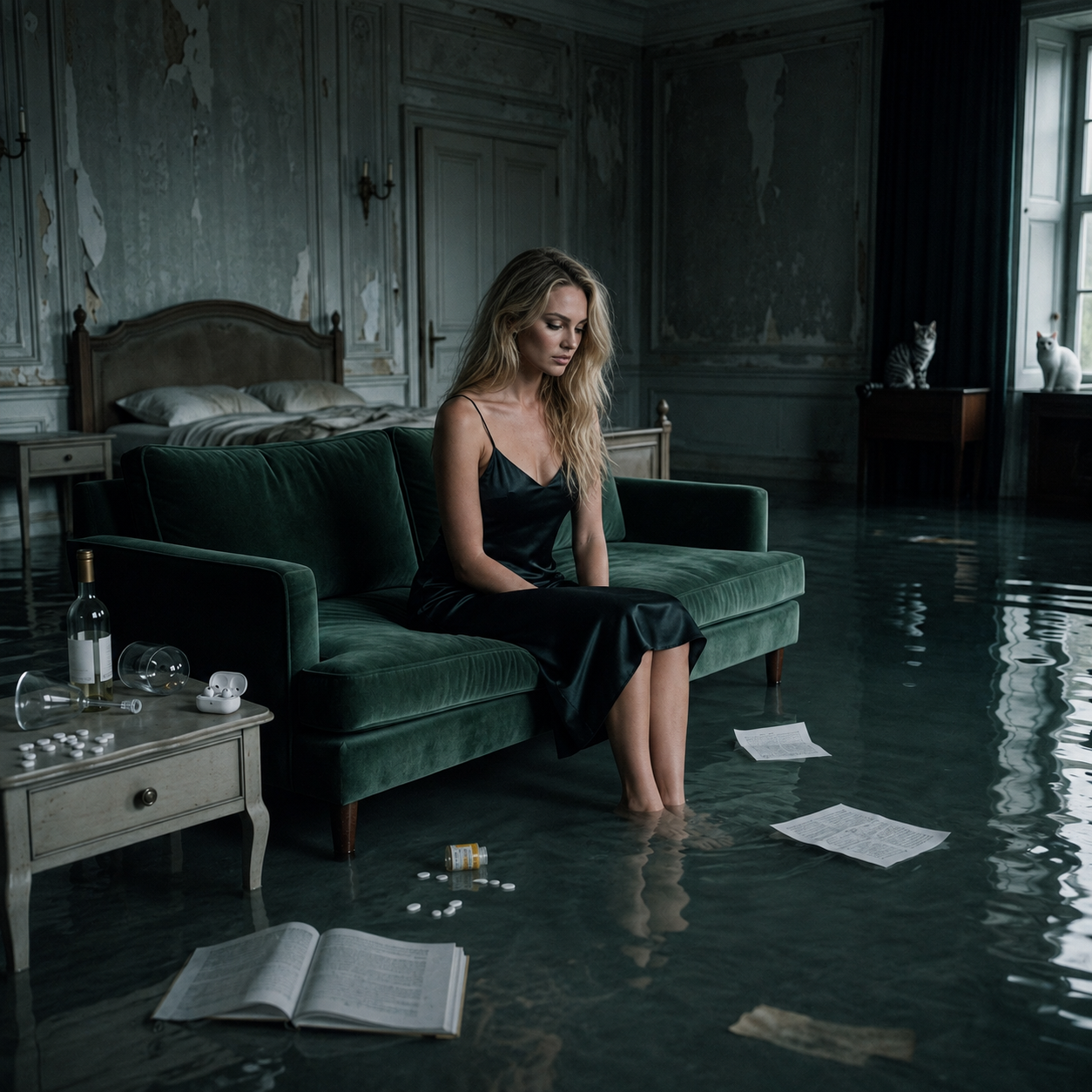 Haylie Ferguson seated on a green velvet sofa in a flooded derelict bedroom with scattered pages — OB.SCENA II photograph