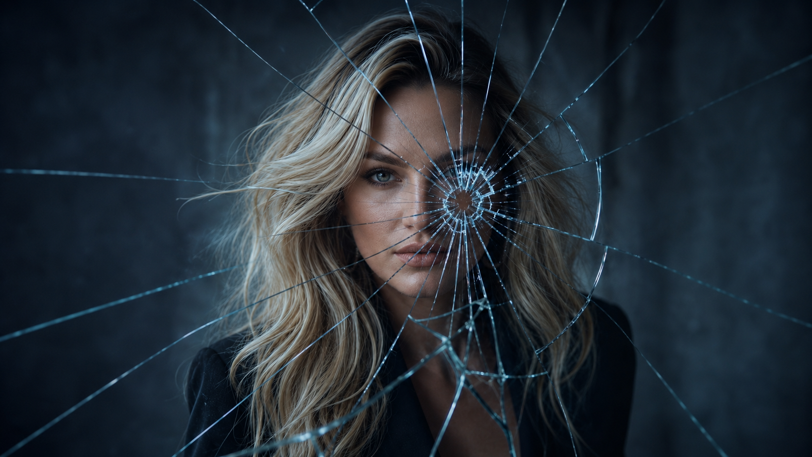 Haylie Ferguson behind a pane of glass shattered in a radiating starburst, dark blue-grey studio photograph of the singer