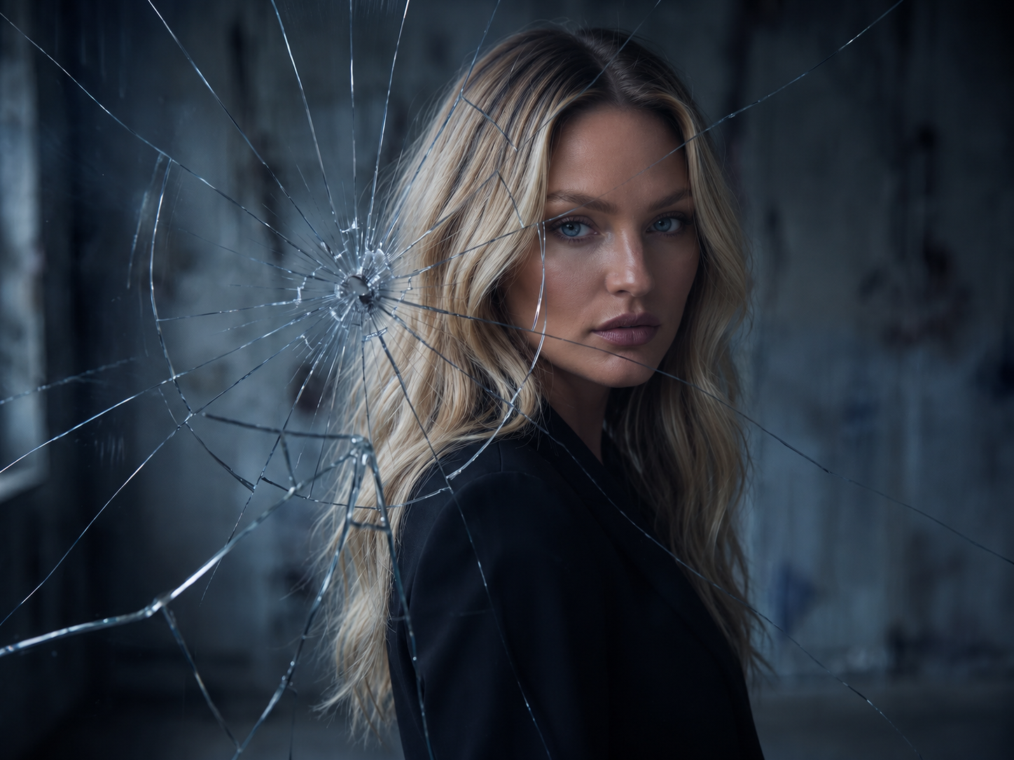 Haylie Ferguson photographed behind a pane of broken glass in a dim blue-grey room — The Bell Jar era photograph