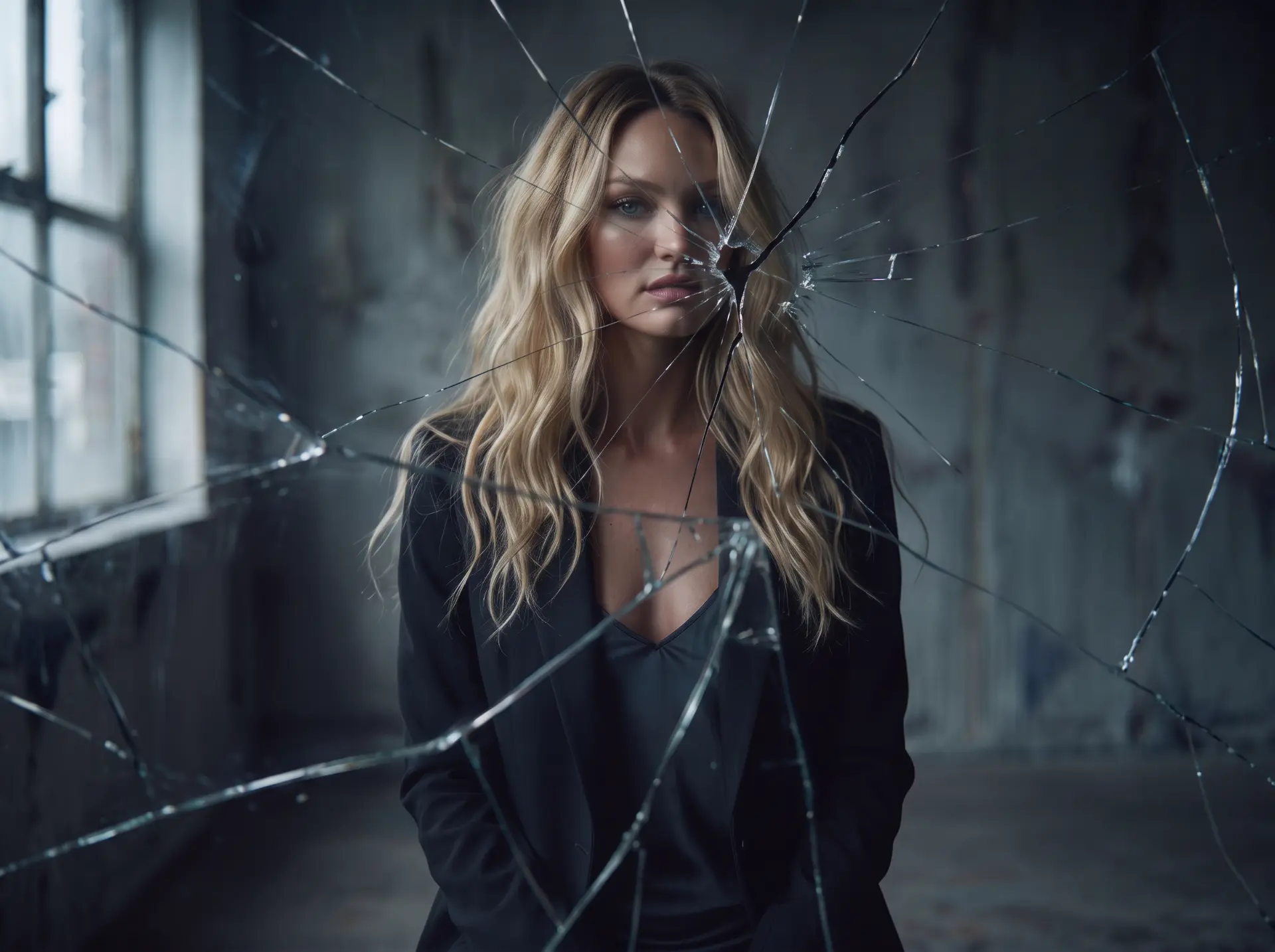 Haylie Ferguson photographed through shattered glass — OB.SCENA II visual, 2026