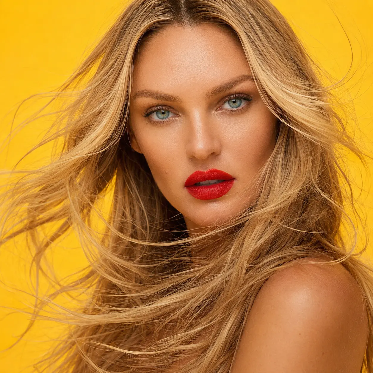 Haylie Ferguson photographed against a yellow backdrop with red lipstick — OB.SCENA I era campaign image