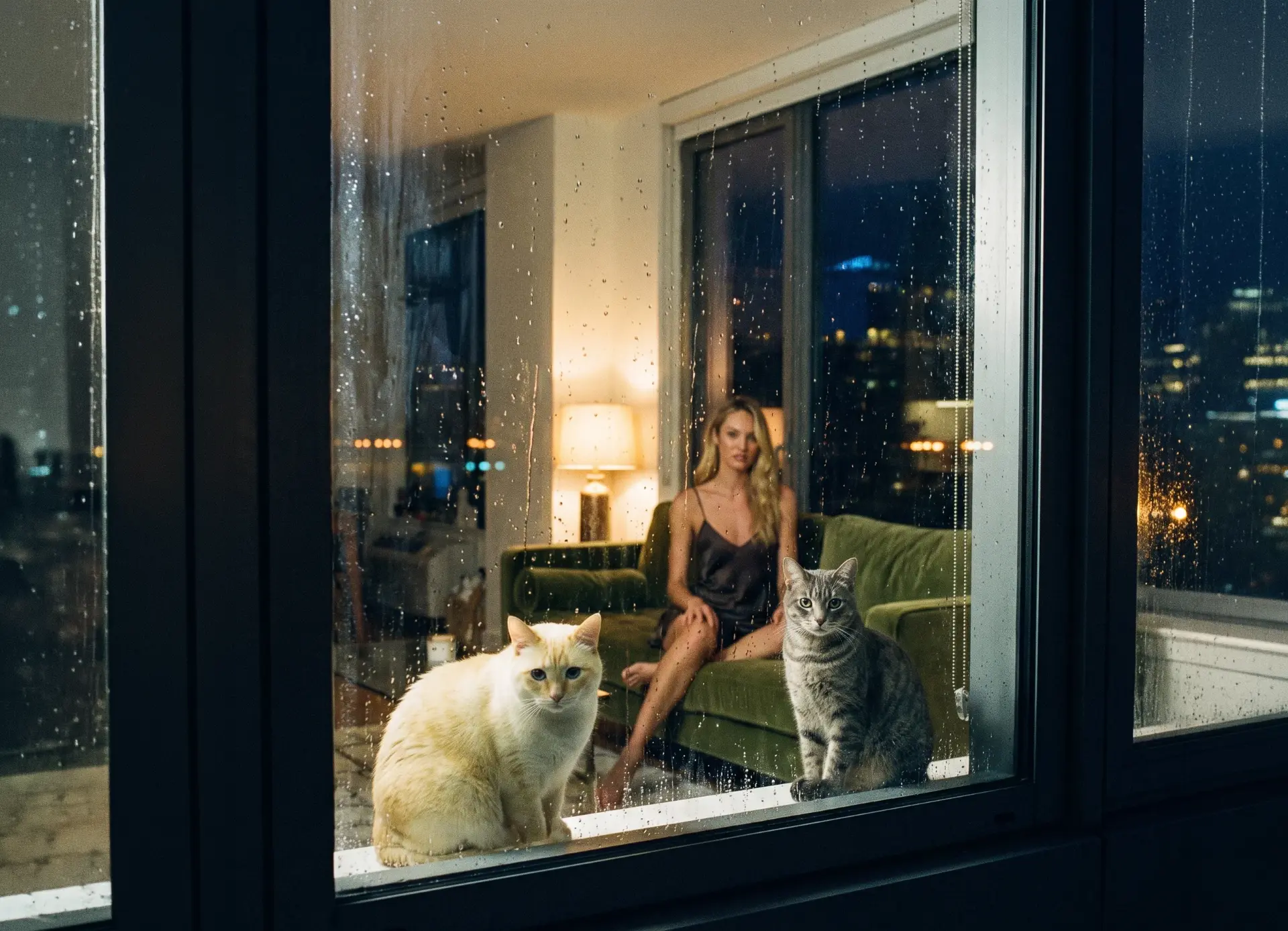 Haylie Ferguson seen through a rain-covered apartment window at night with two cats on the sill