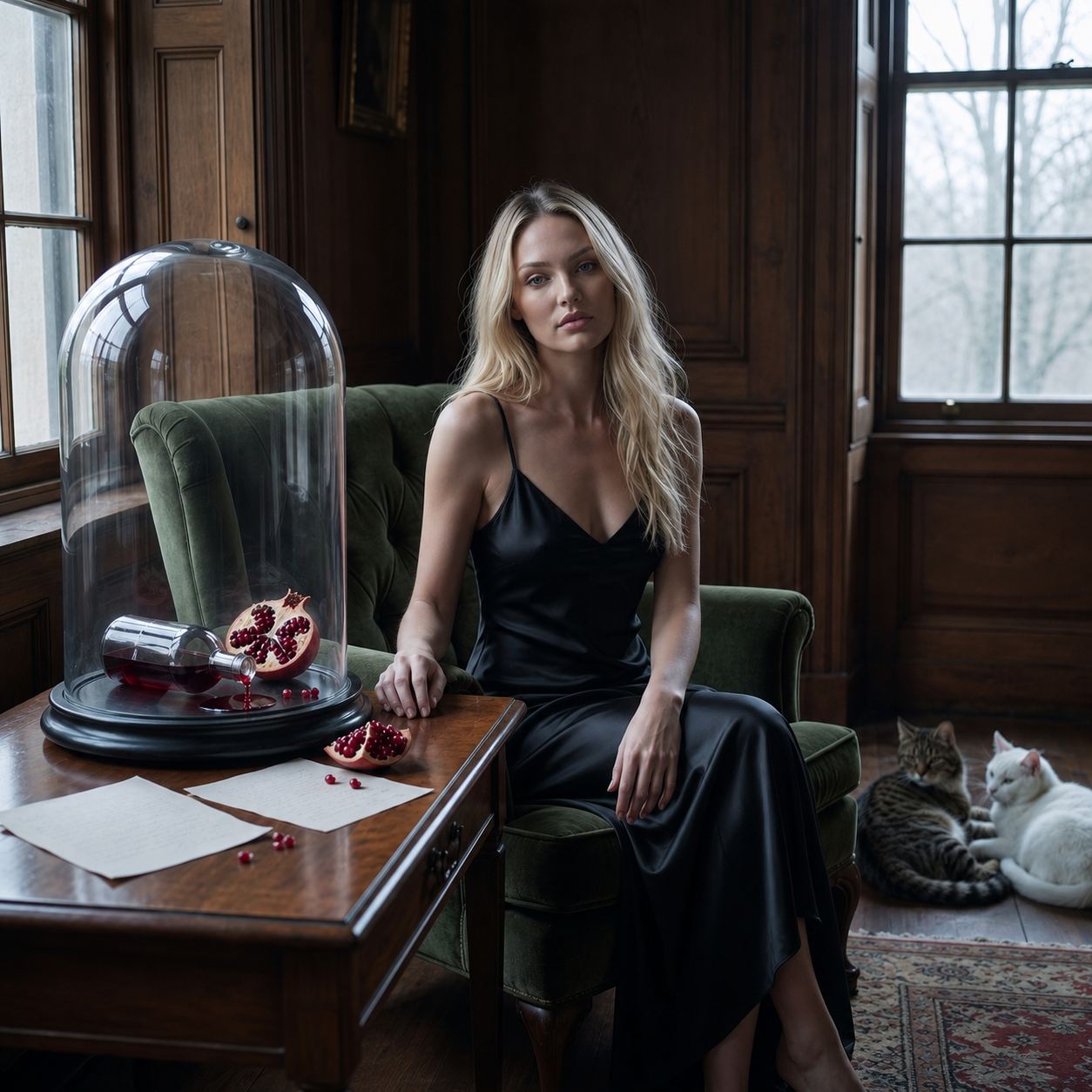 Haylie Ferguson in a black silk dress beside a glass dome holding a pomegranate and decanter in a wood-panelled room with two cats
