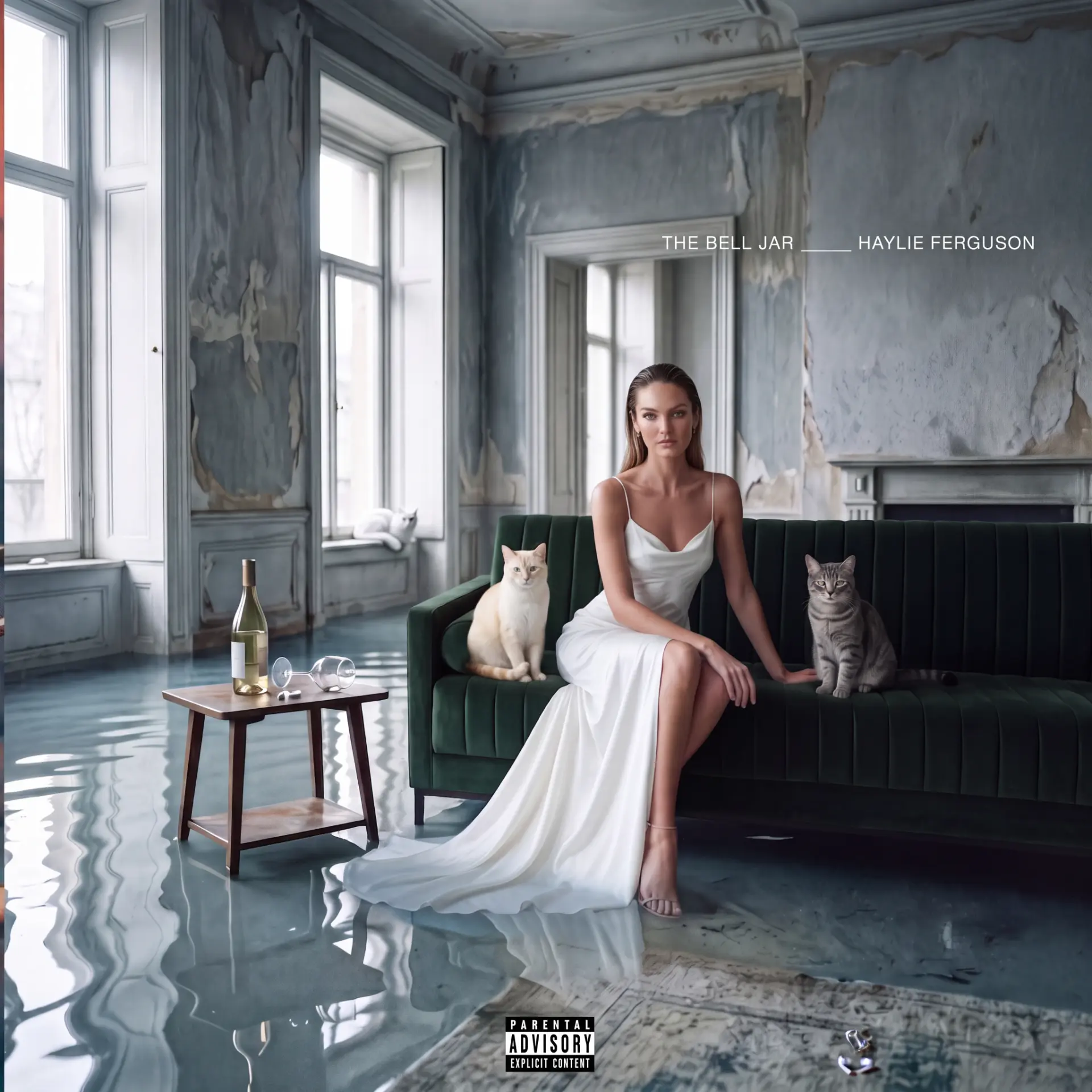 Album artwork for The Bell Jar: Haylie Ferguson in a white gown on a green velvet sofa in a flooded pale salon with two cats