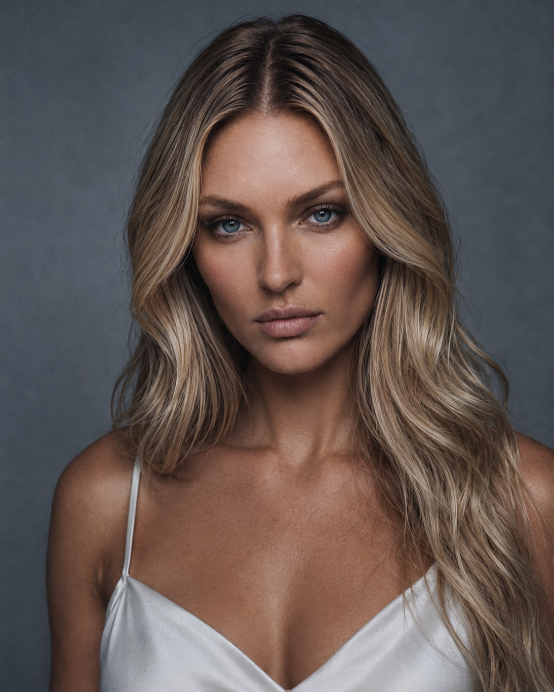 Haylie Ferguson press portrait 2026 — frontal studio photograph of the singer in an ivory silk slip dress against a grey backdrop