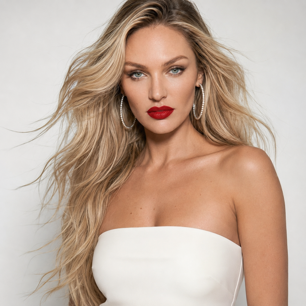 Haylie Ferguson beauty portrait with red lipstick and hoop earrings on a white background