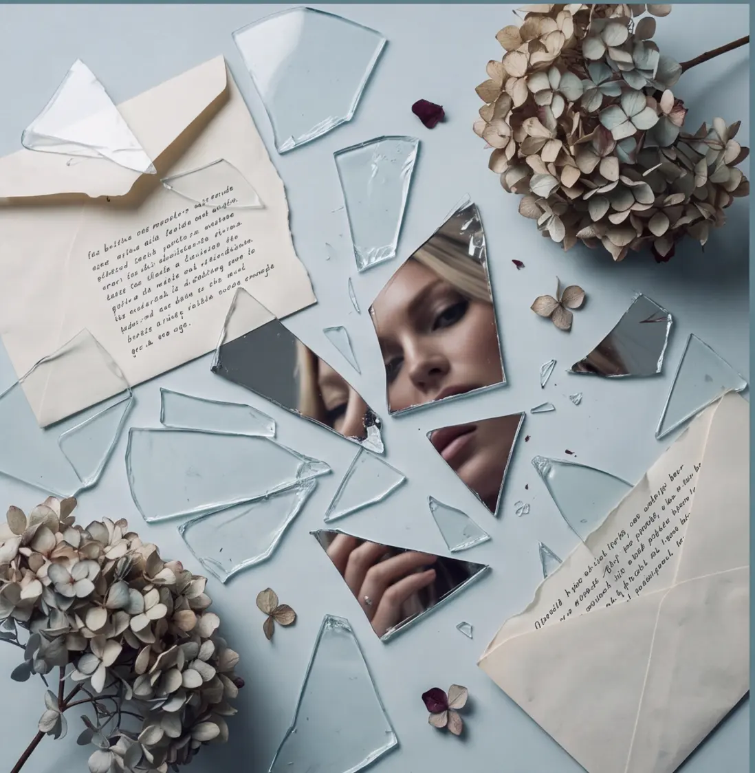 Haylie Ferguson reflected in broken mirror fragments among handwritten letters and dried hydrangeas