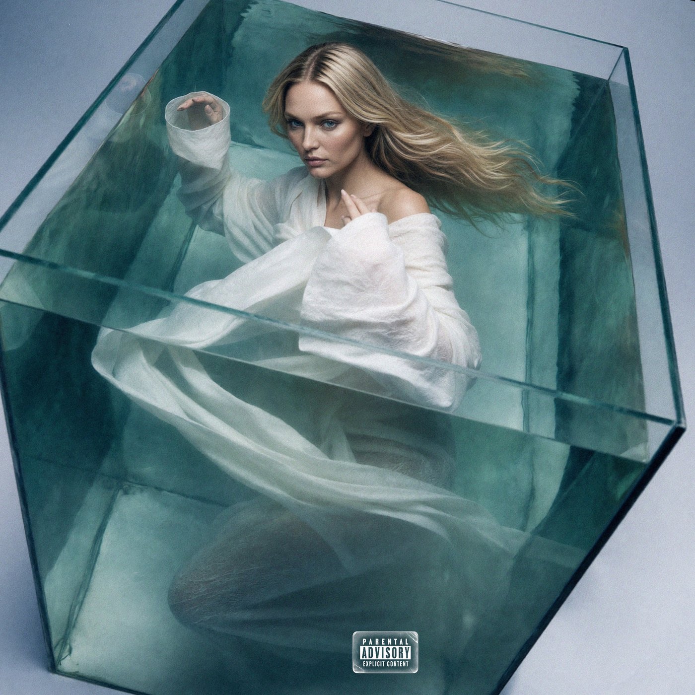 the bell jar: victoria lucas cover: Haylie Ferguson suspended in a water-filled cube in a white draped gown